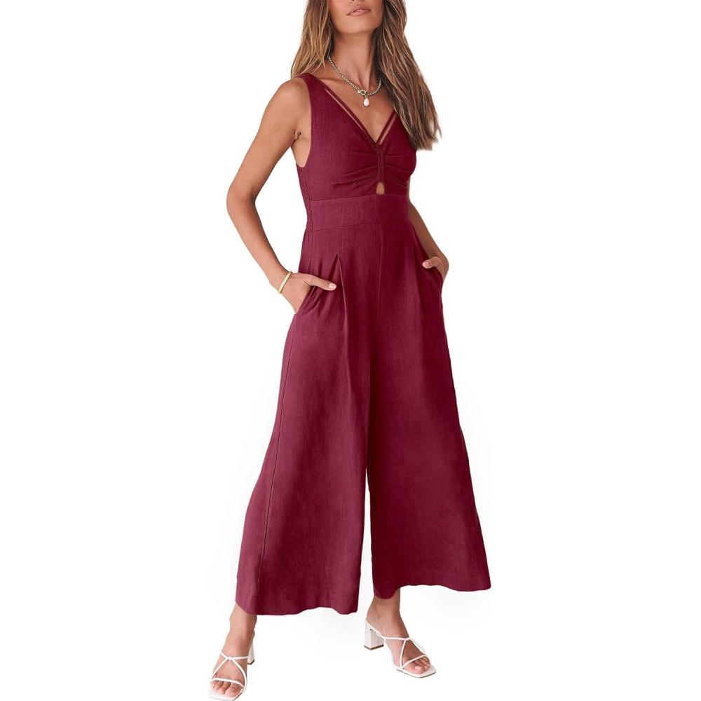 imageANRABESS Womens Jumpsuits Summer Wide Leg Sleeveless V Neck Casual Dressy Linen Pants Rompers 2025 Vacation Beach OutfitsFuchsia
