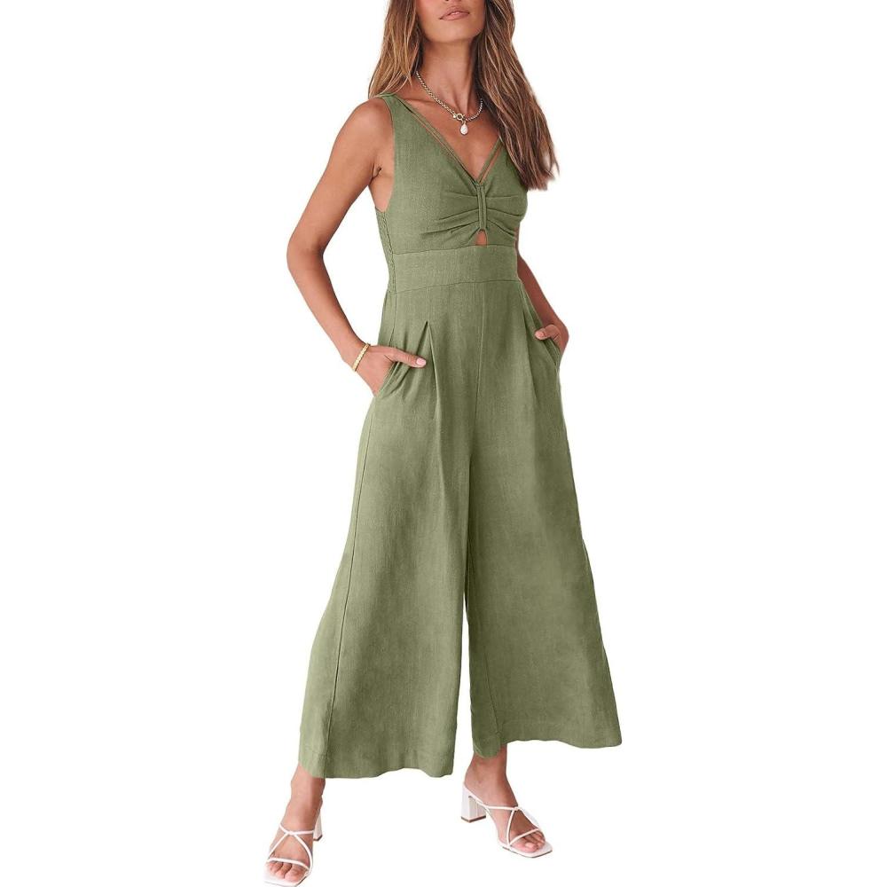 imageANRABESS Womens Jumpsuits Summer Wide Leg Sleeveless V Neck Casual Dressy Linen Pants Rompers 2025 Vacation Beach OutfitsOlive