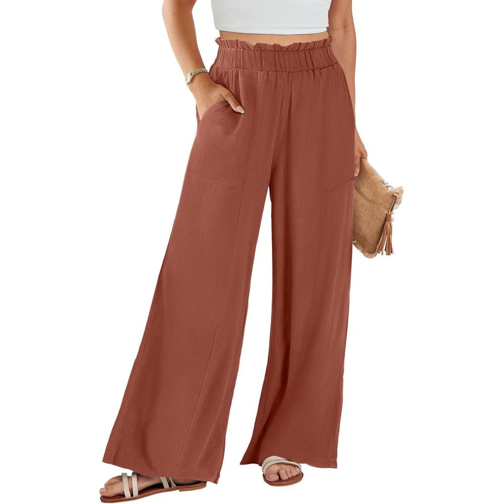 imageANRABESS Womens Linen Pants 2025 Summer Casual Loose Wide Leg Palazzo Pants High Waist Flowy Beach Trousers Work OutfitsBrown Red