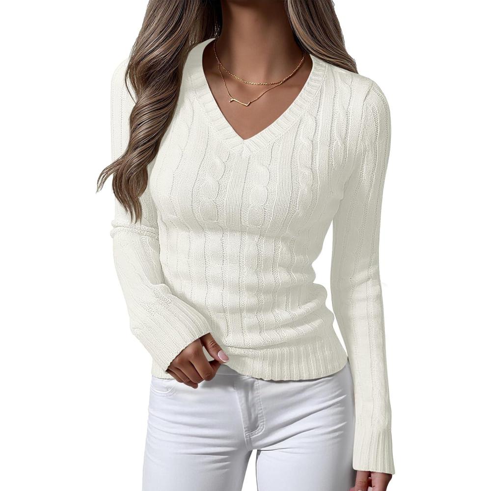 imageANRABESS Womens Long Sleeve Cable Knit Sweater 2025 Fall Fashion V Neck Fitted Pullover Top Business Casual Work Fall OutfitsCream White