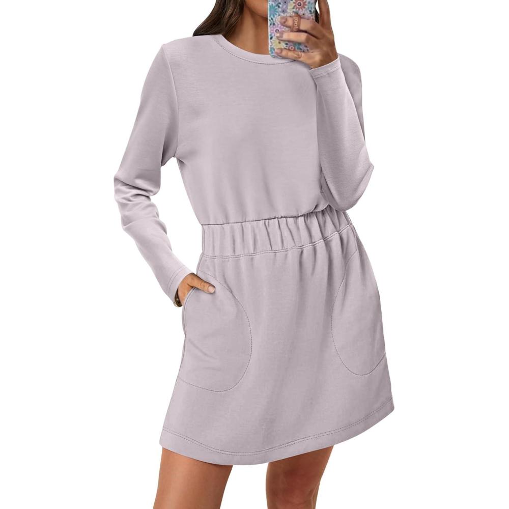 imageANRABESS Womens Long Sleeve Dress 2025 Fall Casual Elastic Waist Short Mini T Shirt Dresses with Pockets Travel OutfitsGrey