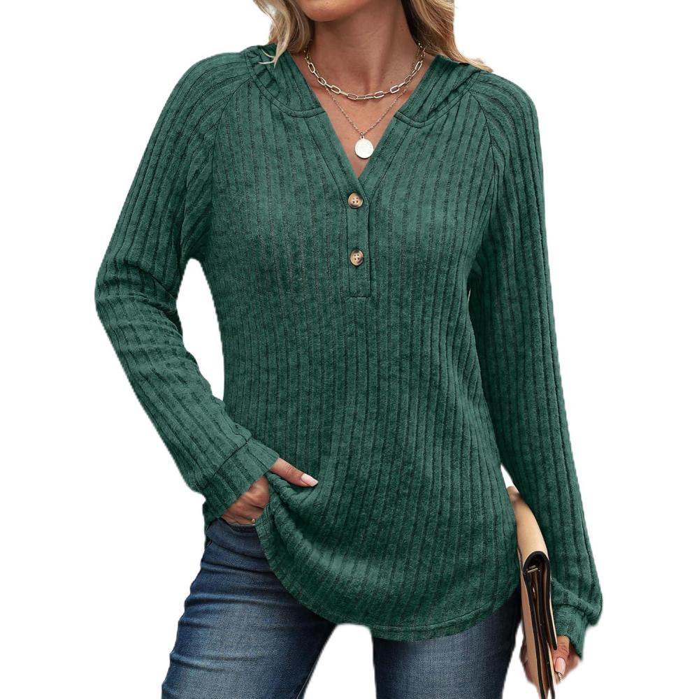 imageANRABESS Womens Long Sleeve Henley Tops Ribbed Knit Hoodie Shirts 2025 Fall Loose Fit Lightweight Hooded SweatersGreen