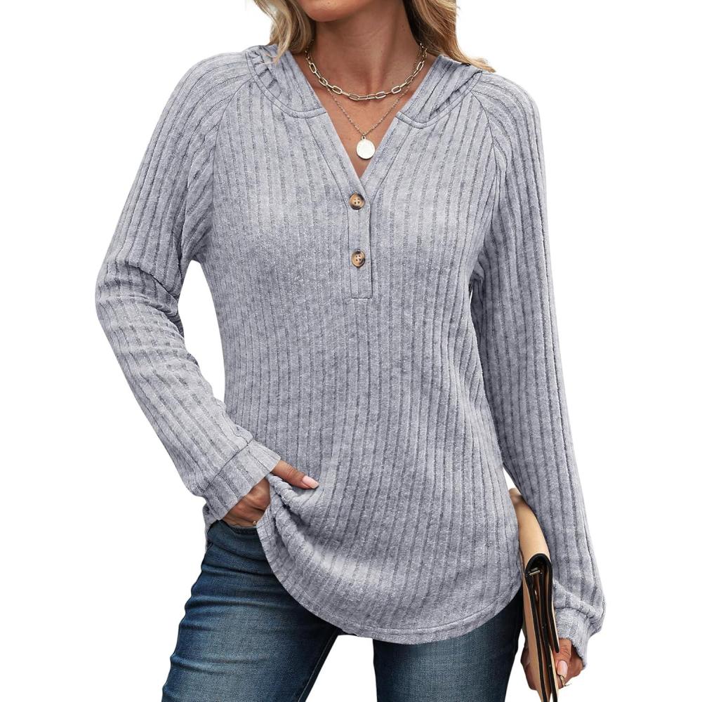 imageANRABESS Womens Long Sleeve Henley Tops Ribbed Knit Hoodie Shirts 2025 Fall Loose Fit Lightweight Hooded SweatersGrey
