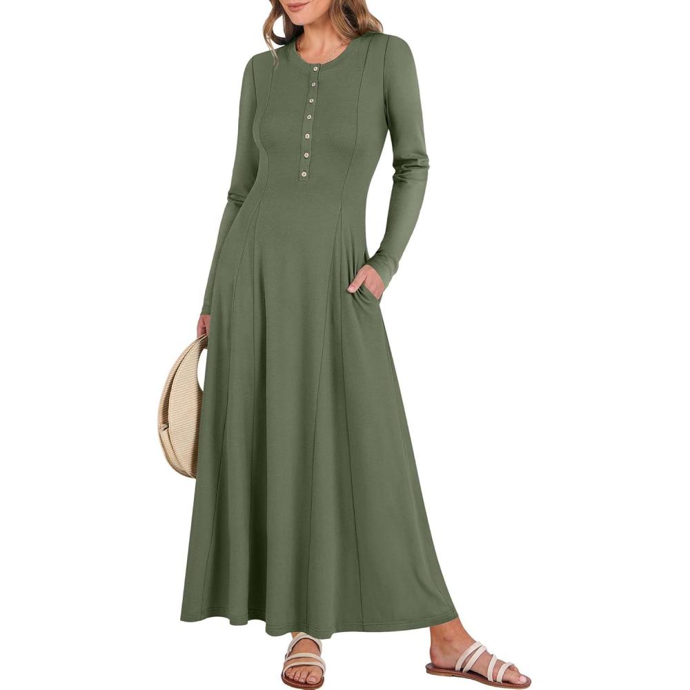imageANRABESS Womens Long Sleeve Maxi Dress 2025 Fall Casual Button Fit ampamp Flare ALine Swing Flowy Long Dresses Winter TrendyArmy Green