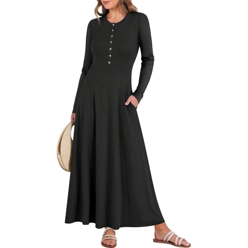 imageANRABESS Womens Long Sleeve Maxi Dress 2025 Fall Casual Button Fit ampamp Flare ALine Swing Flowy Long Dresses Winter TrendyBlack