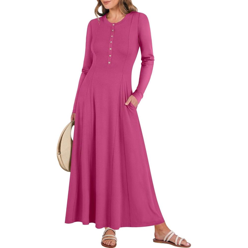 imageANRABESS Womens Long Sleeve Maxi Dress 2025 Fall Casual Button Fit ampamp Flare ALine Swing Flowy Long Dresses Winter TrendyHot Pink