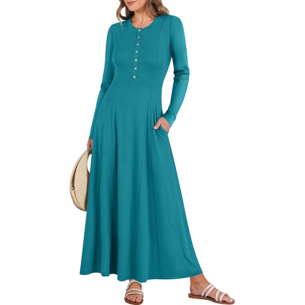 imageANRABESS Womens Long Sleeve Maxi Dress 2025 Fall Casual Button Fit ampamp Flare ALine Swing Flowy Long Dresses Winter TrendyLake Green
