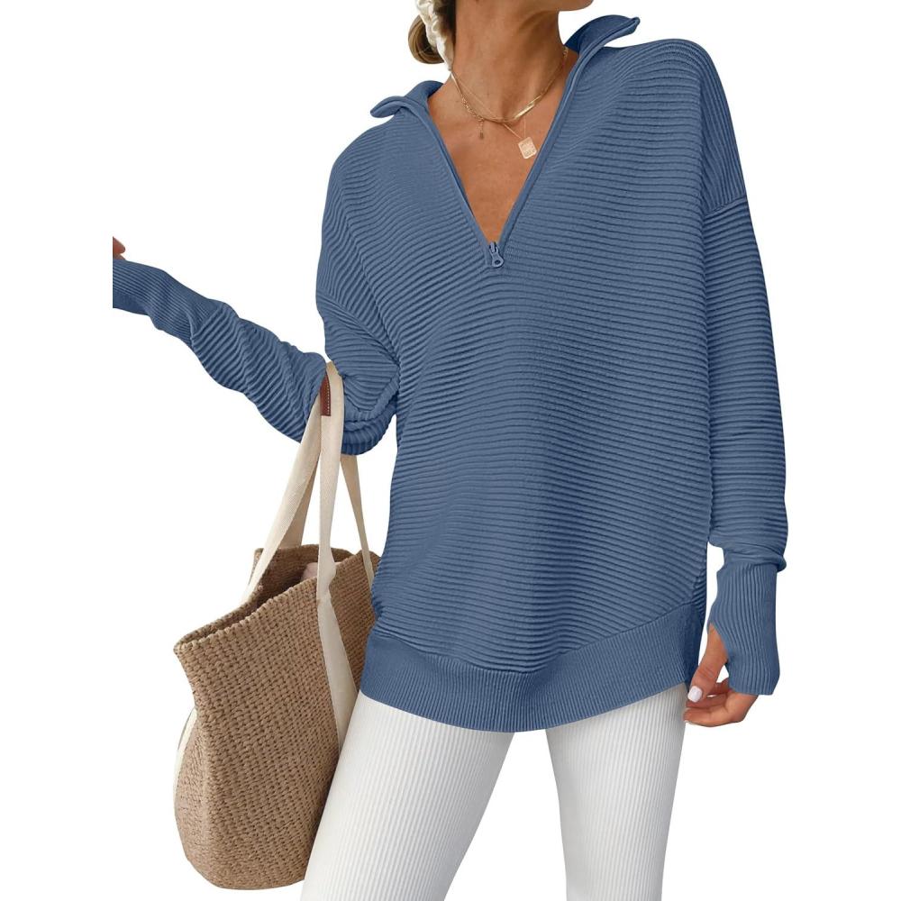 imageANRABESS Womens Long Sleeve Quarter Zip Pullover Sweater Casual Loose V Neck Collared Ribbed Knit Jumper Tops Thumb HoleBlue