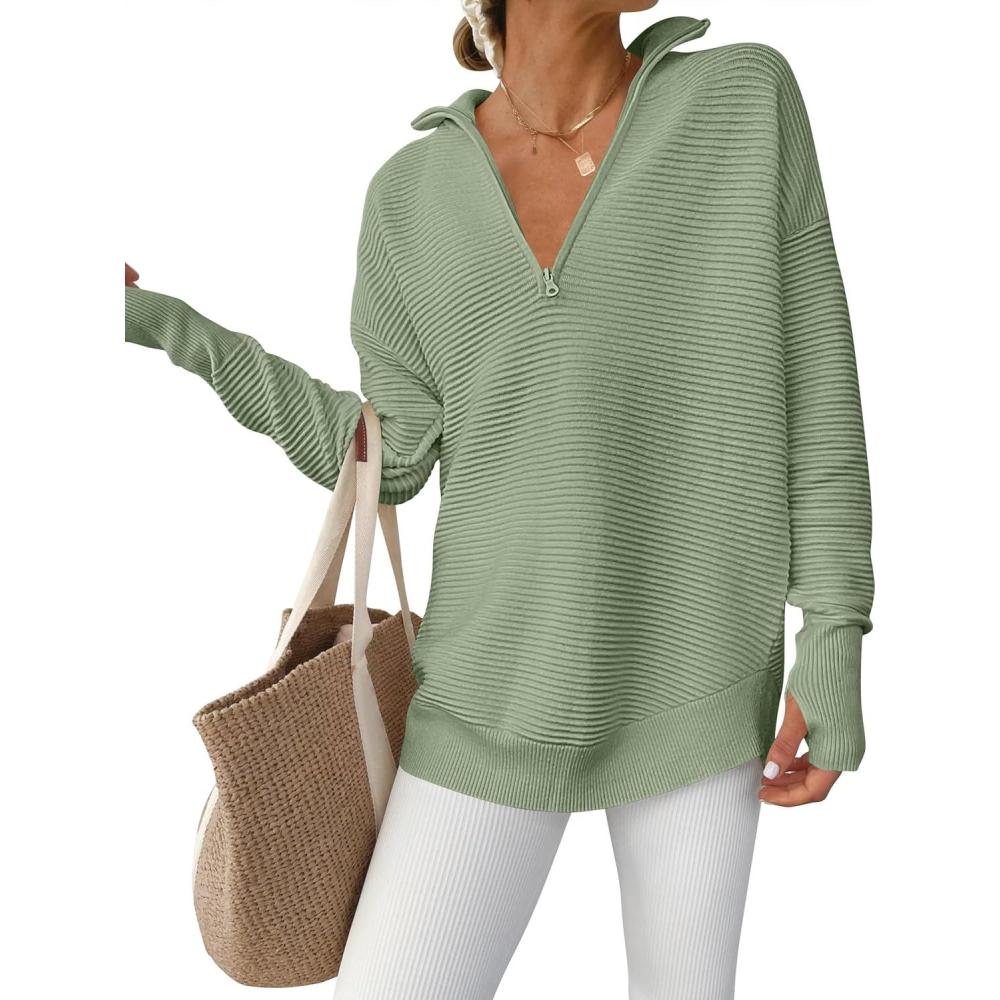 imageANRABESS Womens Long Sleeve Quarter Zip Pullover Sweater Casual Loose V Neck Collared Ribbed Knit Jumper Tops Thumb HoleLight Green