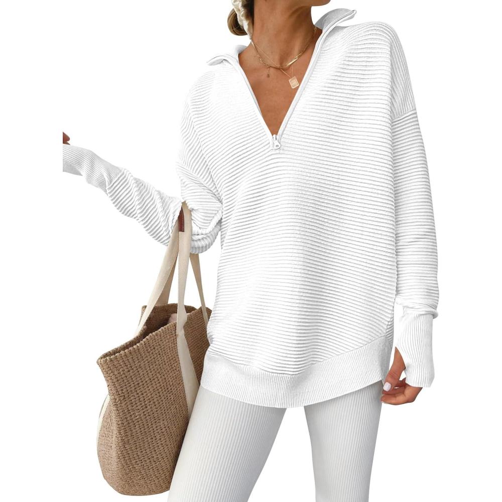 imageANRABESS Womens Long Sleeve Quarter Zip Pullover Sweater Casual Loose V Neck Collared Ribbed Knit Jumper Tops Thumb HoleWhite