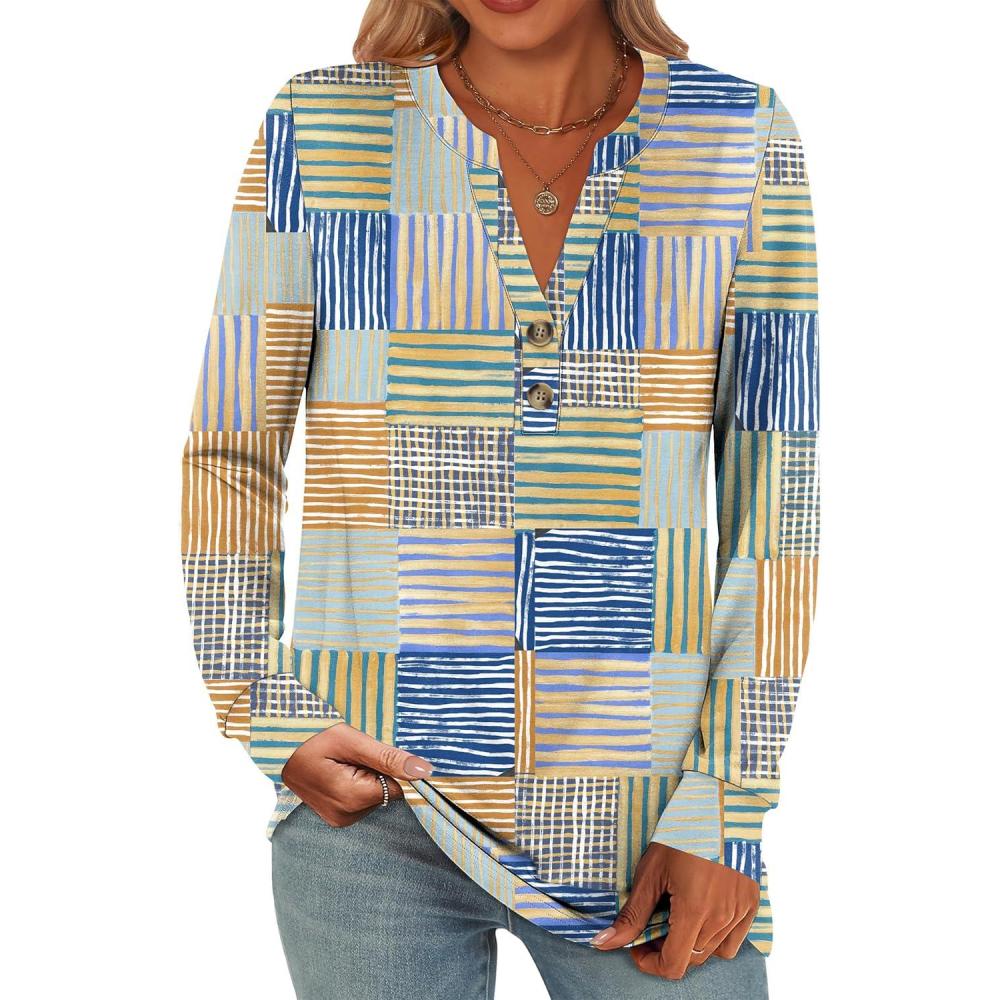 imageANRABESS Womens Long Sleeve Shirts 2025 Fall Henley Business Casual Tops Cute TShirts Work Blouses Outfits Vacation ClothesDeep Plaid Blue