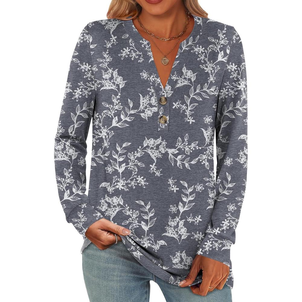 imageANRABESS Womens Long Sleeve Shirts 2025 Fall Henley Business Casual Tops Cute TShirts Work Blouses Outfits Vacation ClothesGrey White Floral