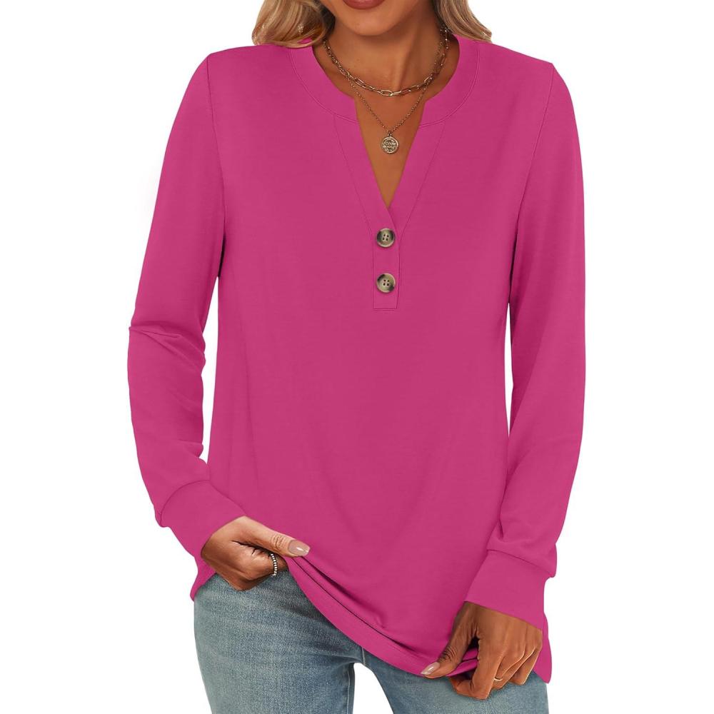 imageANRABESS Womens Long Sleeve Shirts 2025 Fall Henley Business Casual Tops Cute TShirts Work Blouses Outfits Vacation ClothesHot Pink