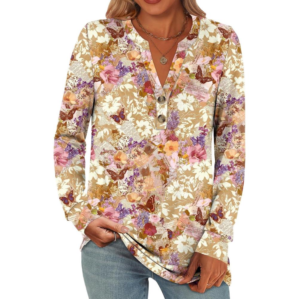imageANRABESS Womens Long Sleeve Shirts 2025 Fall Henley Business Casual Tops Cute TShirts Work Blouses Outfits Vacation ClothesKhaki Beige Floral