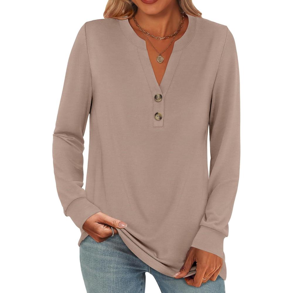 imageANRABESS Womens Long Sleeve Shirts 2025 Fall Henley Business Casual Tops Cute TShirts Work Blouses Outfits Vacation ClothesLight Brown