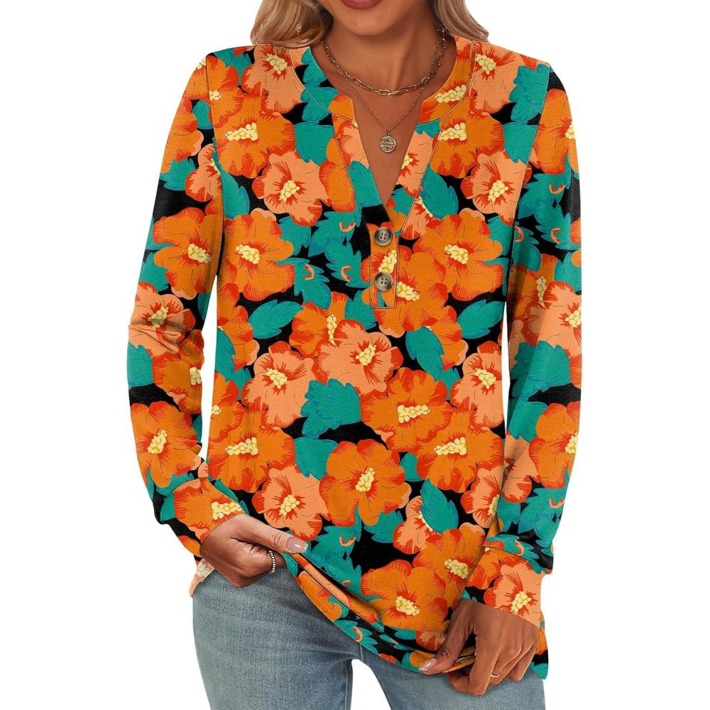 imageANRABESS Womens Long Sleeve Shirts 2025 Fall Henley Business Casual Tops Cute TShirts Work Blouses Outfits Vacation ClothesTeal Orange Floral