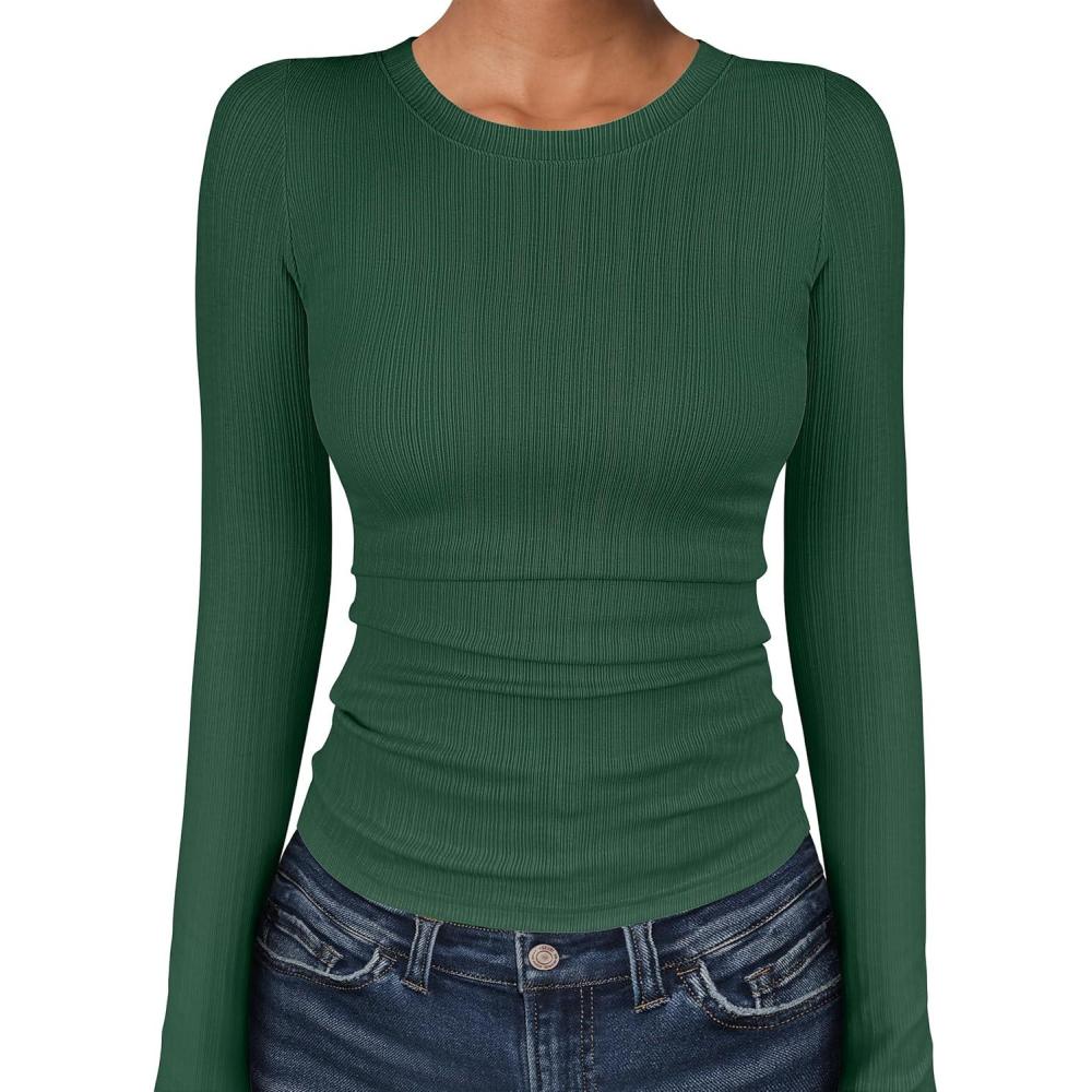 imageANRABESS Womens Long Sleeve Shirts Crewneck Ribbed Knitted Slim Fitted Tops Basic Tee 2025 Fall Outfits Dressy Casual BlouseDeep Green