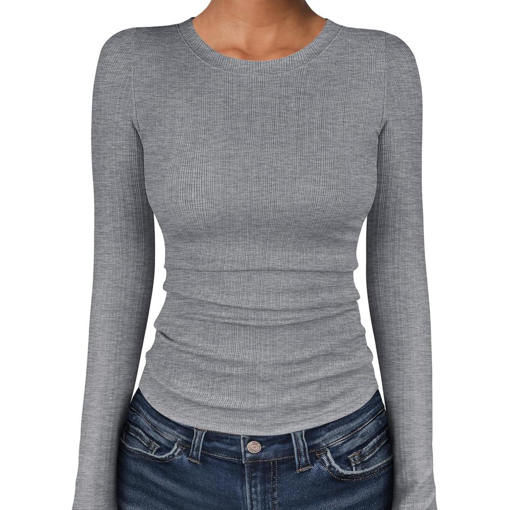 imageANRABESS Womens Long Sleeve Shirts Crewneck Ribbed Knitted Slim Fitted Tops Basic Tee 2025 Fall Outfits Dressy Casual BlouseGrey