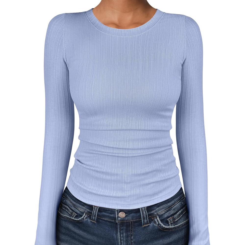 imageANRABESS Womens Long Sleeve Shirts Crewneck Ribbed Knitted Slim Fitted Tops Basic Tee 2025 Fall Outfits Dressy Casual BlouseLight Blue
