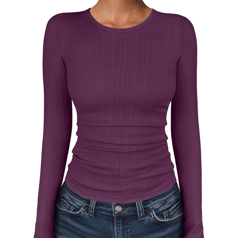imageANRABESS Womens Long Sleeve Shirts Crewneck Ribbed Knitted Slim Fitted Tops Basic Tee 2025 Fall Outfits Dressy Casual BlousePurple Red