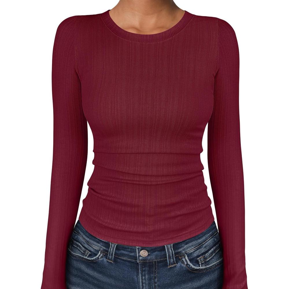 imageANRABESS Womens Long Sleeve Shirts Crewneck Ribbed Knitted Slim Fitted Tops Basic Tee 2025 Fall Outfits Dressy Casual BlouseRed