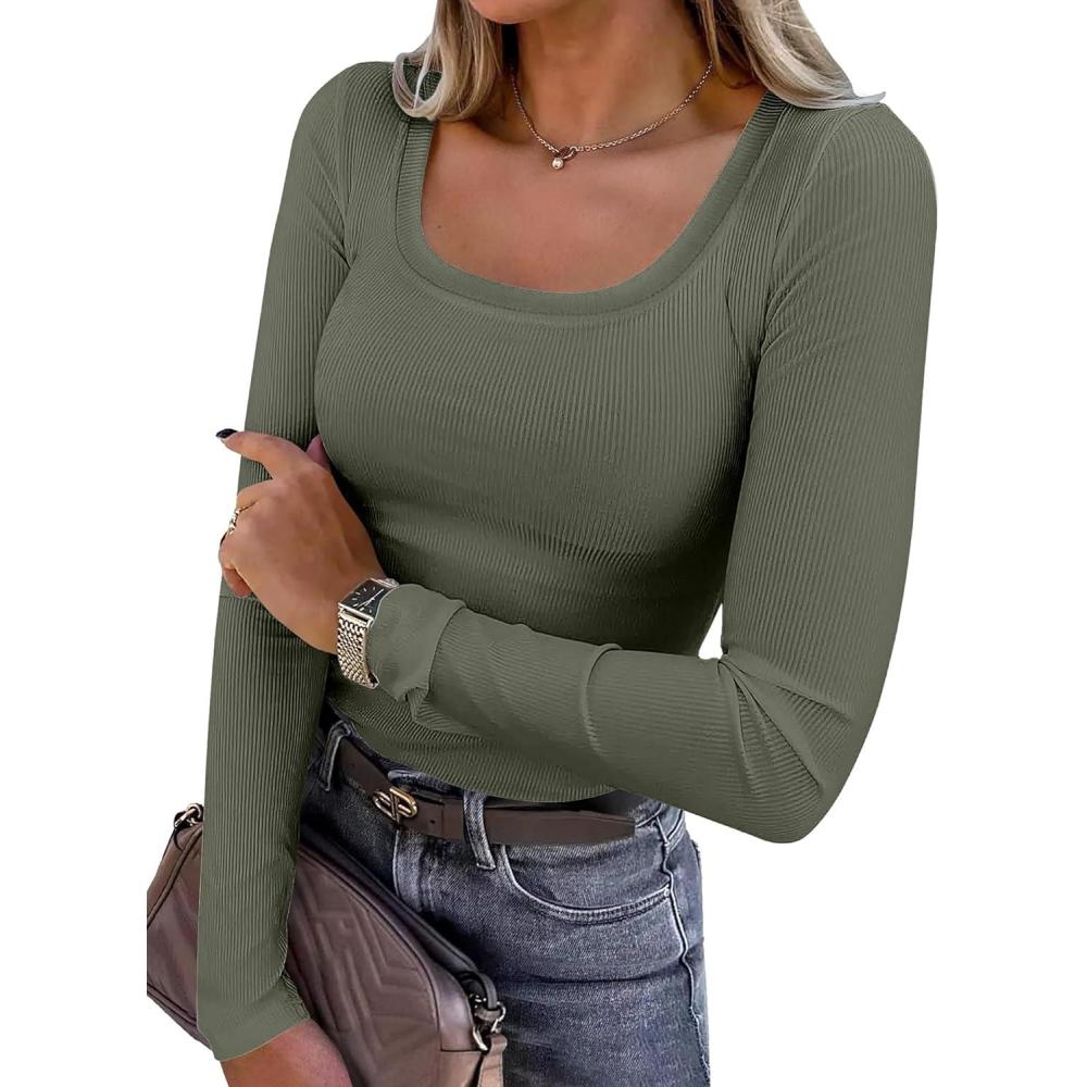 imageANRABESS Womens Long Sleeve Shirts Scoop Neck Ribbed Knit Slim Fitted Tops Casual Basic Tee 2025 Fall Fashion Outfits ClothesArmy Green