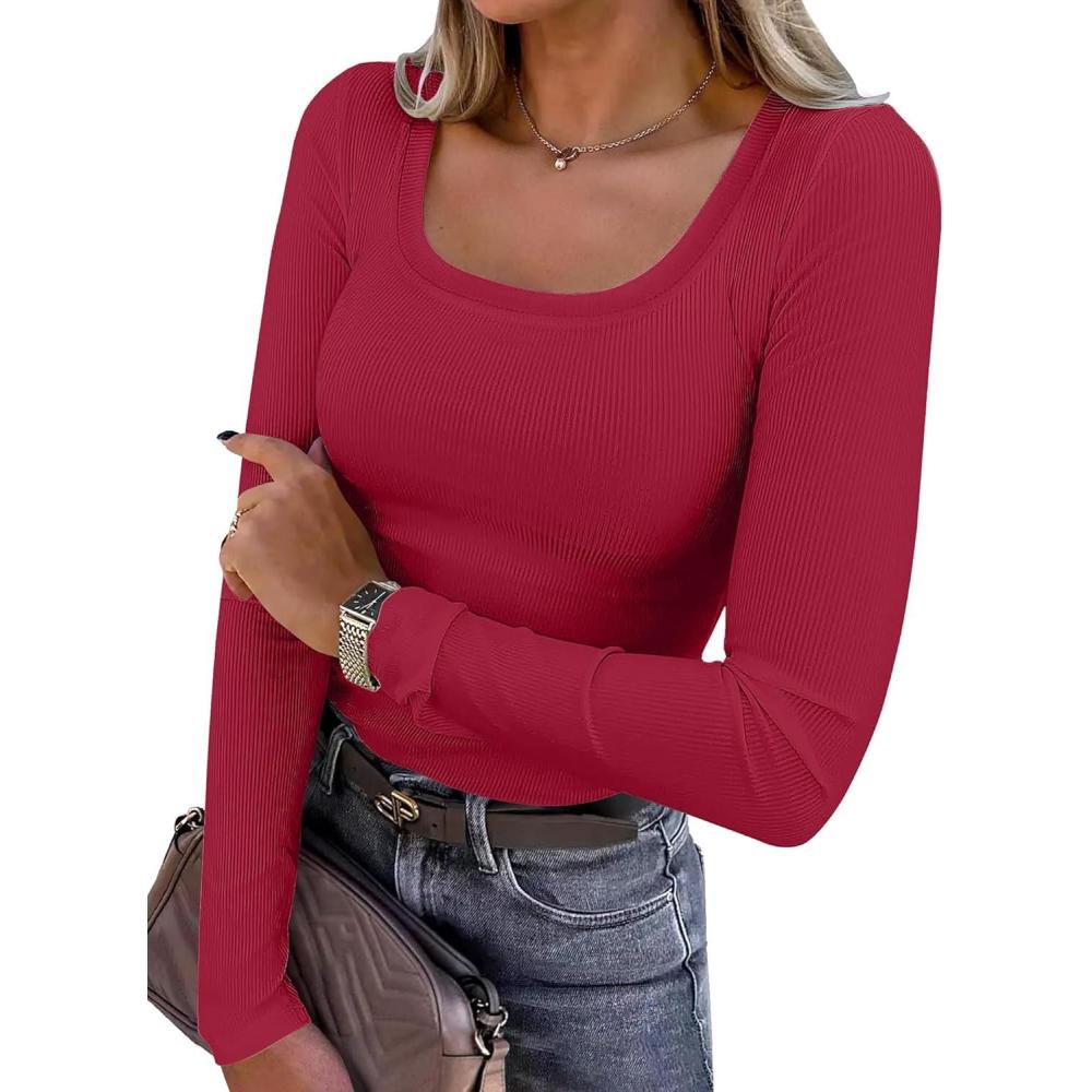 imageANRABESS Womens Long Sleeve Shirts Scoop Neck Ribbed Knit Slim Fitted Tops Casual Basic Tee 2025 Fall Fashion Outfits ClothesRed