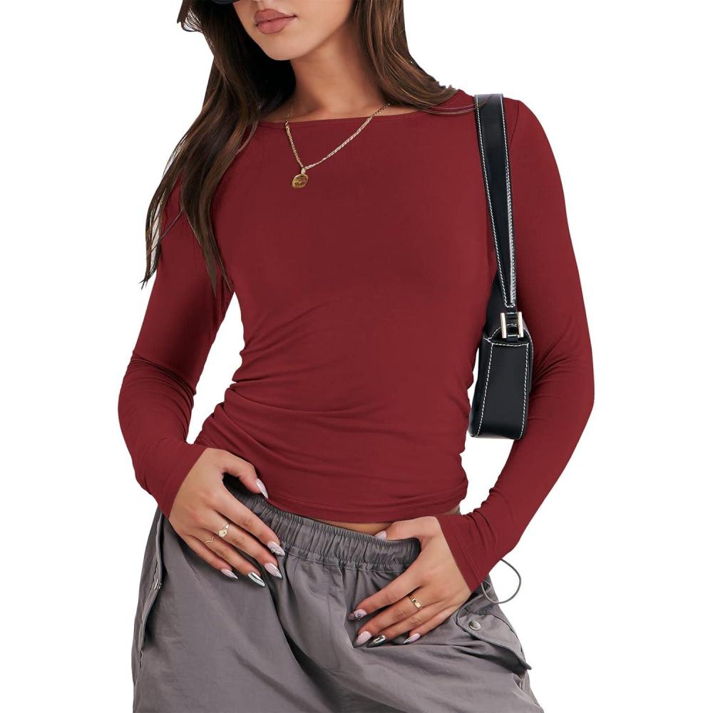 imageANRABESS Womens Long Sleeve Shirts Tight Fitted Going Out Crop Tops Crewneck Basic Tee Y2k Fall Outfits Teens Girls ClothesRed