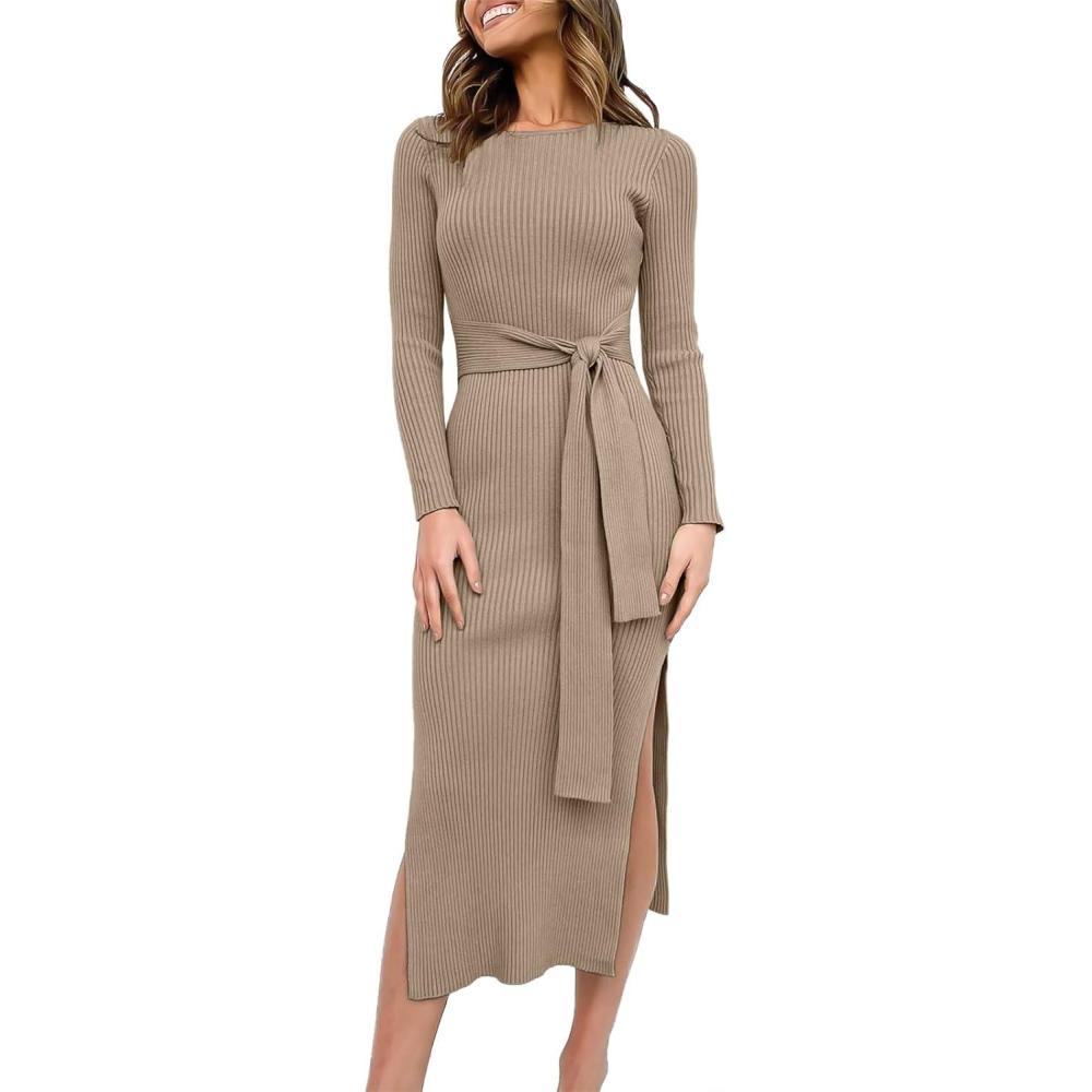 imageANRABESS Womens Long Sleeve Sweater Dress Crew Neck Slim Fit Slit Tie Waist 2025 Ribbed Knit Bodycon Midi Dress Fall OutfitsAlmond