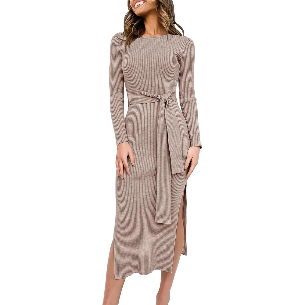 imageANRABESS Womens Long Sleeve Sweater Dress Crew Neck Slim Fit Slit Tie Waist 2025 Ribbed Knit Bodycon Midi Dress Fall OutfitsCamel