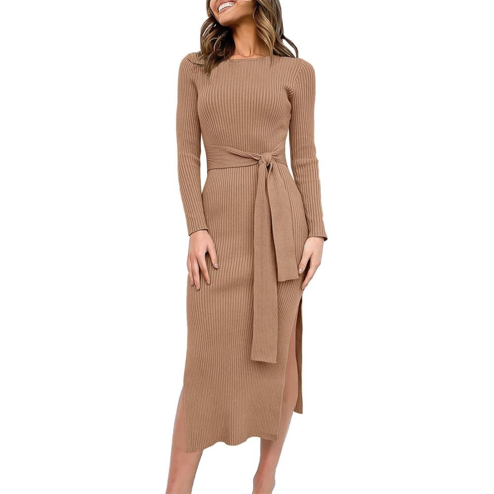imageANRABESS Womens Long Sleeve Sweater Dress Crew Neck Slim Fit Slit Tie Waist 2025 Ribbed Knit Bodycon Midi Dress Fall OutfitsKhaki