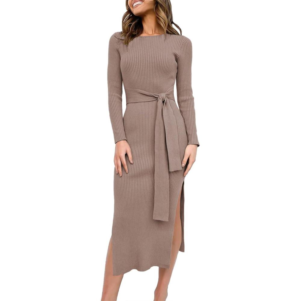 imageANRABESS Womens Long Sleeve Sweater Dress Crew Neck Slim Fit Slit Tie Waist 2025 Ribbed Knit Bodycon Midi Dress Fall OutfitsPink Almond