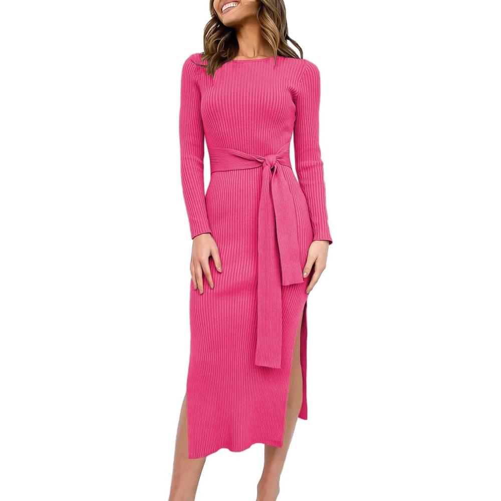 imageANRABESS Womens Long Sleeve Sweater Dress Crew Neck Slim Fit Slit Tie Waist 2025 Ribbed Knit Bodycon Midi Dress Fall OutfitsRose