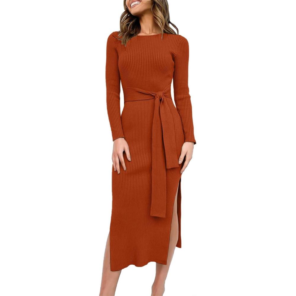 imageANRABESS Womens Long Sleeve Sweater Dress Crew Neck Slim Fit Slit Tie Waist 2025 Ribbed Knit Bodycon Midi Dress Fall OutfitsRust