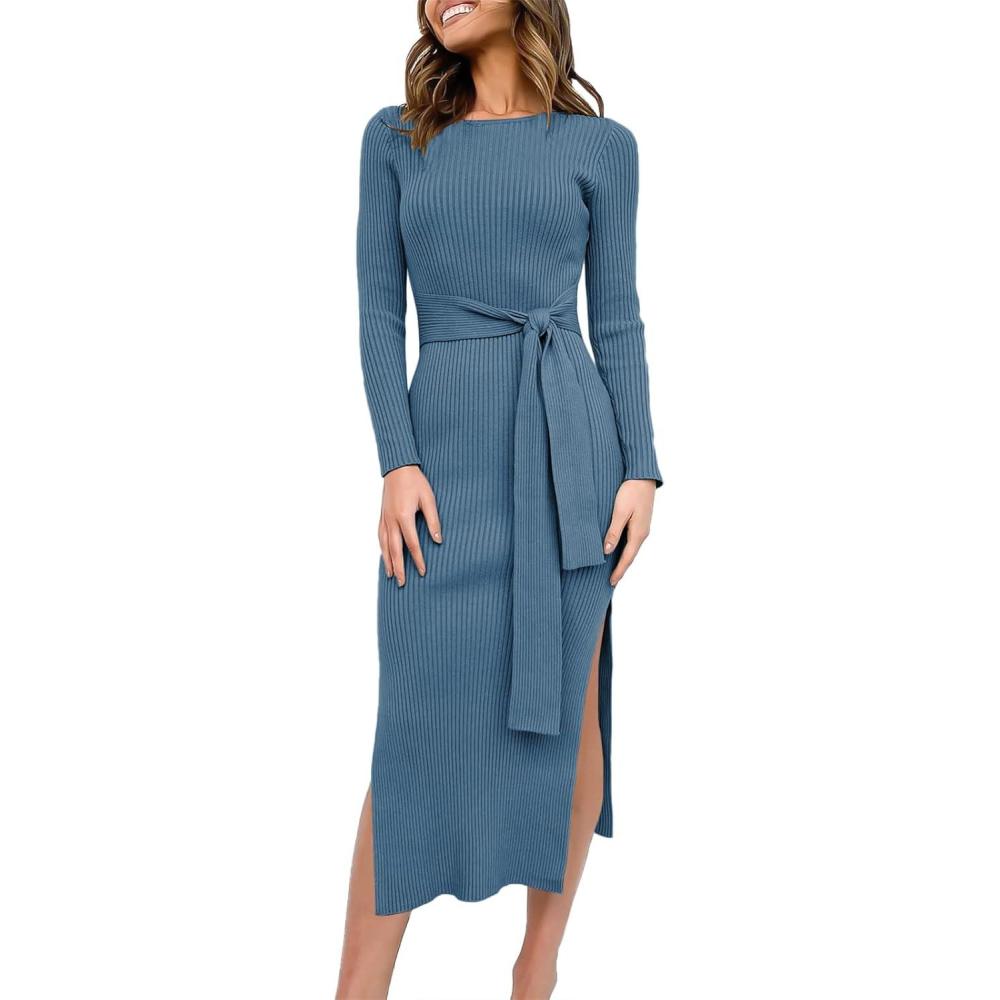 imageANRABESS Womens Long Sleeve Sweater Dress Crew Neck Slim Fit Slit Tie Waist 2025 Ribbed Knit Bodycon Midi Dress Fall OutfitsTeal