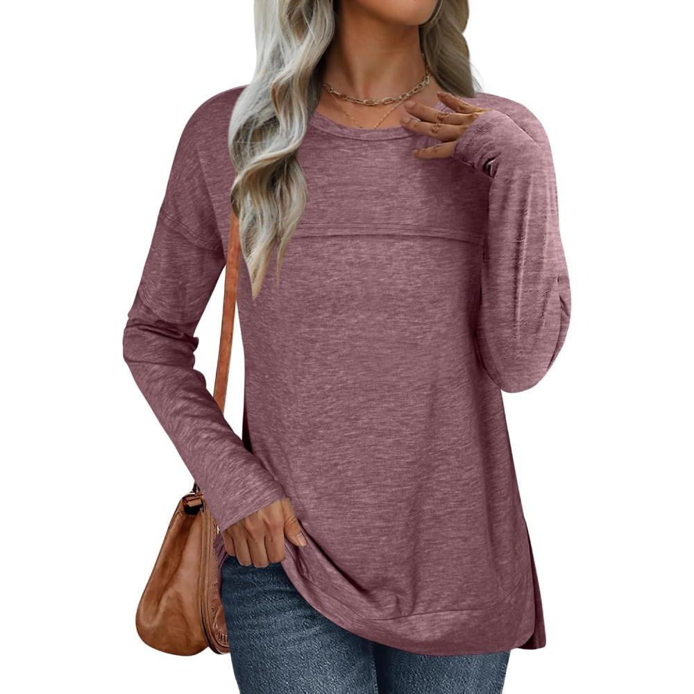 imageANRABESS Womens Long Sleeve T Shirts Split Side Tunic Tops 2025 Fall OutfitsBurgundy