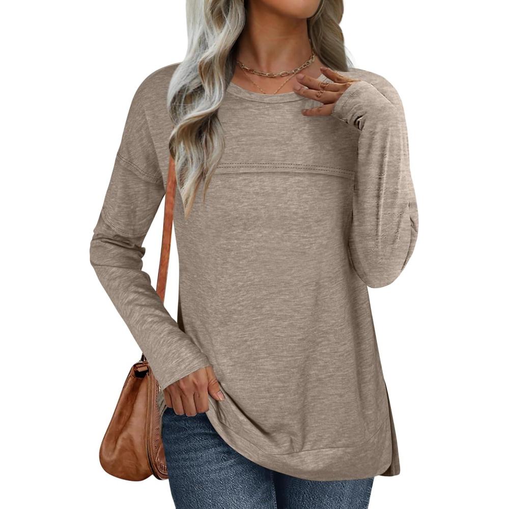 imageANRABESS Womens Long Sleeve T Shirts Split Side Tunic Tops 2025 Fall OutfitsLight Khaki