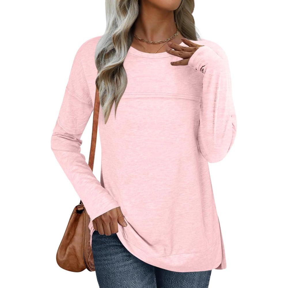 imageANRABESS Womens Long Sleeve T Shirts Split Side Tunic Tops 2025 Fall OutfitsPink