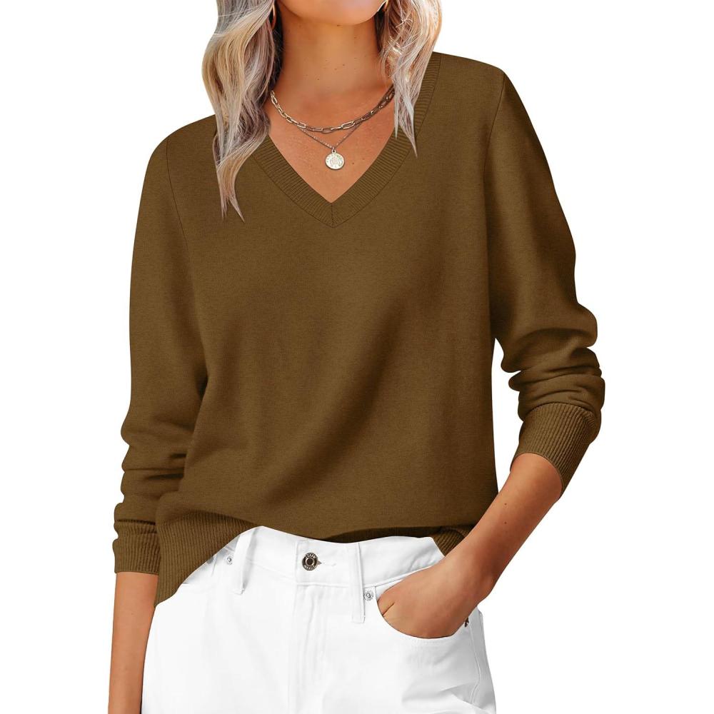 imageANRABESS Womens Long Sleeve V Neck Sweaters 2025 Fall Casual Classic Soft Loose Fit Basic Pullover Jumper TopCaramel