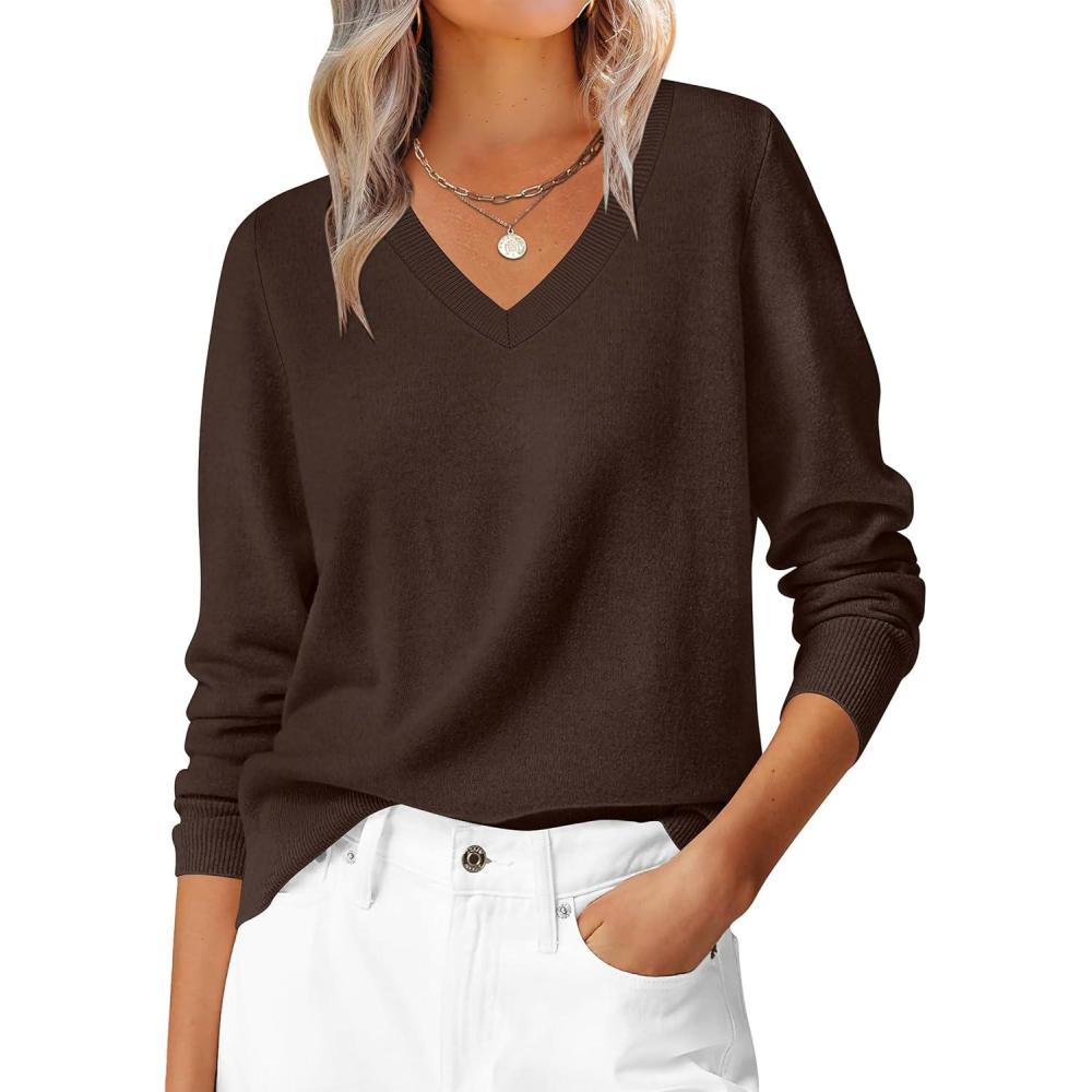 imageANRABESS Womens Long Sleeve V Neck Sweaters 2025 Fall Casual Classic Soft Loose Fit Basic Pullover Jumper TopCoffee