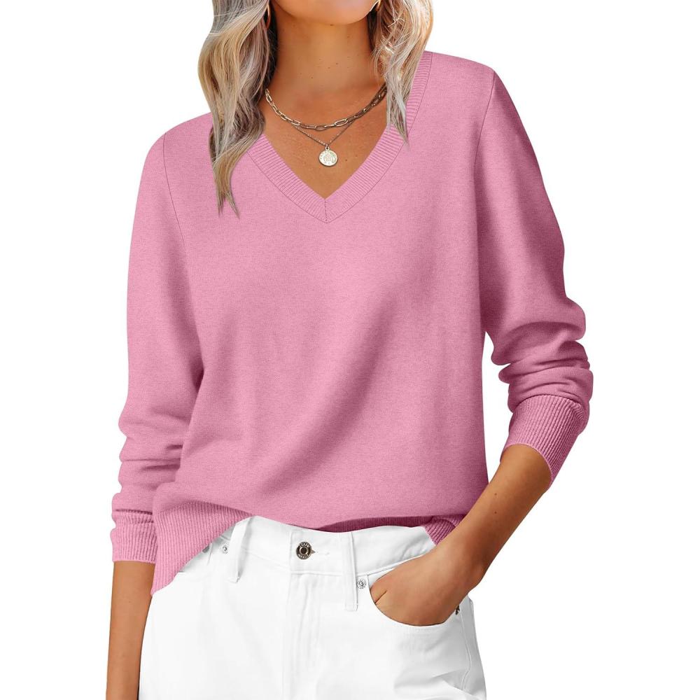 imageANRABESS Womens Long Sleeve V Neck Sweaters 2025 Fall Casual Classic Soft Loose Fit Basic Pullover Jumper TopCoral Pink