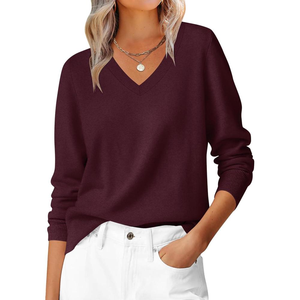 imageANRABESS Womens Long Sleeve V Neck Sweaters 2025 Fall Casual Classic Soft Loose Fit Basic Pullover Jumper TopDark Red