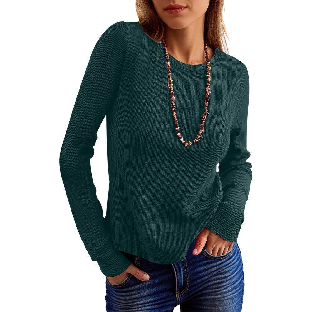 imageANRABESS Womens Long Sleeve Waffle Knit Shirts Casual Slim Fitted Crew Neck Thermal Tops Basic Tee 2025 Fall Trendy OutfitsDeep Green
