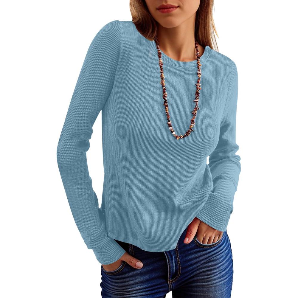imageANRABESS Womens Long Sleeve Waffle Knit Shirts Casual Slim Fitted Crew Neck Thermal Tops Basic Tee 2025 Fall Trendy OutfitsDusty Blue