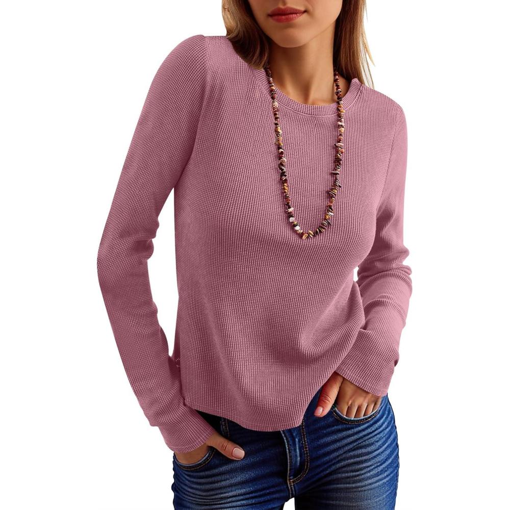imageANRABESS Womens Long Sleeve Waffle Knit Shirts Casual Slim Fitted Crew Neck Thermal Tops Basic Tee 2025 Fall Trendy OutfitsMauve