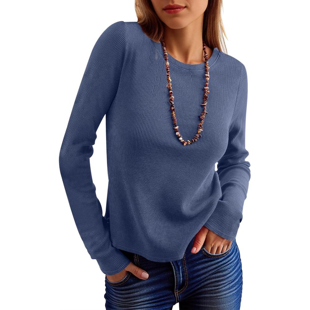 imageANRABESS Womens Long Sleeve Waffle Knit Shirts Casual Slim Fitted Crew Neck Thermal Tops Basic Tee 2025 Fall Trendy OutfitsNavy Blue