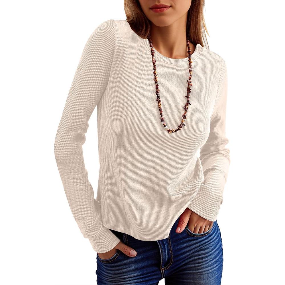 imageANRABESS Womens Long Sleeve Waffle Knit Shirts Casual Slim Fitted Crew Neck Thermal Tops Basic Tee 2025 Fall Trendy OutfitsParchment