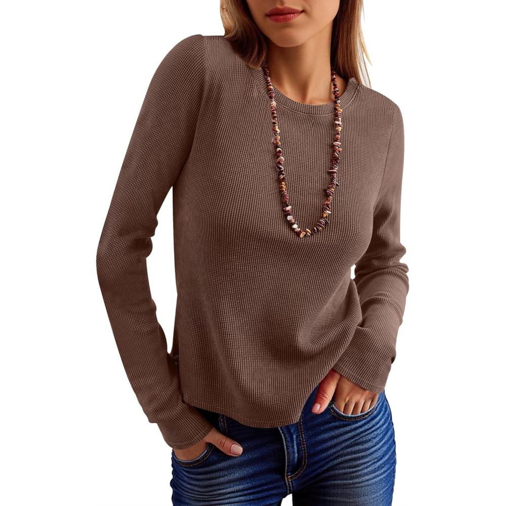 imageANRABESS Womens Long Sleeve Waffle Knit Shirts Casual Slim Fitted Crew Neck Thermal Tops Basic Tee 2025 Fall Trendy OutfitsRed Brown