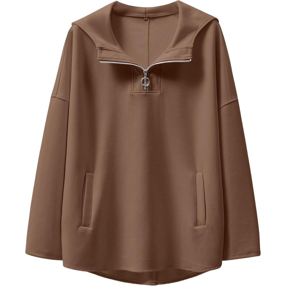 imageANRABESS Womens Oversized Hoodie Quarter Zip Sweatshirts 2025 Fall Winter Tunic Pullover Top Trendy Teen Girls Preppy ClothesBrown