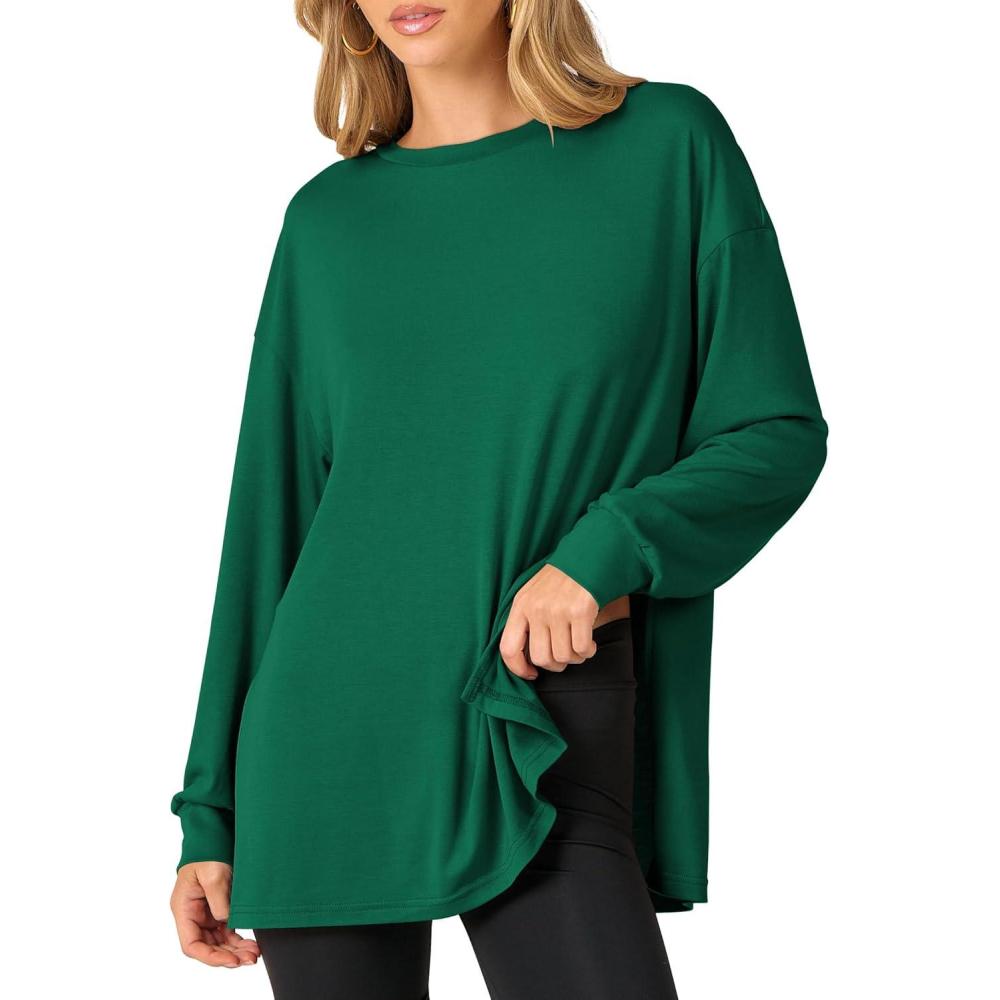 imageANRABESS Womens Oversized Long Sleeve shirts Fall Workout Tunic Tops Athletic Gym Tshirts Soft Basic Tees 2025 OutfitsGreen